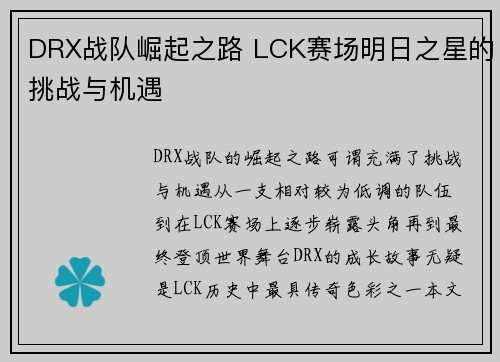 DRX战队崛起之路 LCK赛场明日之星的挑战与机遇